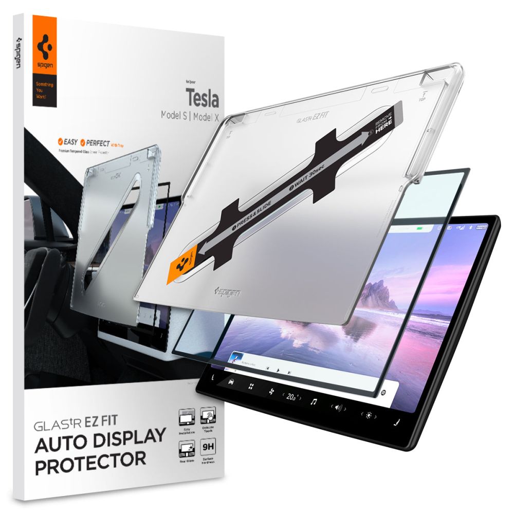 Ochranná fólie Spigen GlastR EZ FIT pro navigaci Tesla X / S (2022 - 2021), Tvrzené sklo, Černá AGL04688