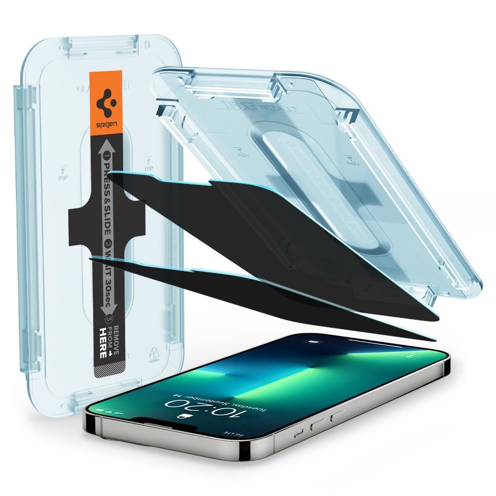 Ochranná fólie na displej Privacy Spigen GlastR EZ FIT pro Apple iPhone 17e / 16e / 14 / 13 Pro, tvrzené sklo, plné lepidlo, sada 2 kusů AGL03388