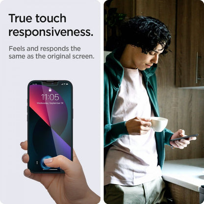 Ochranná fólie na displej Privacy Spigen GlastR EZ FIT pro Apple iPhone 17e / 16e / 14 / 13 Pro, tvrzené sklo, plné lepidlo, sada 2 kusů AGL03388