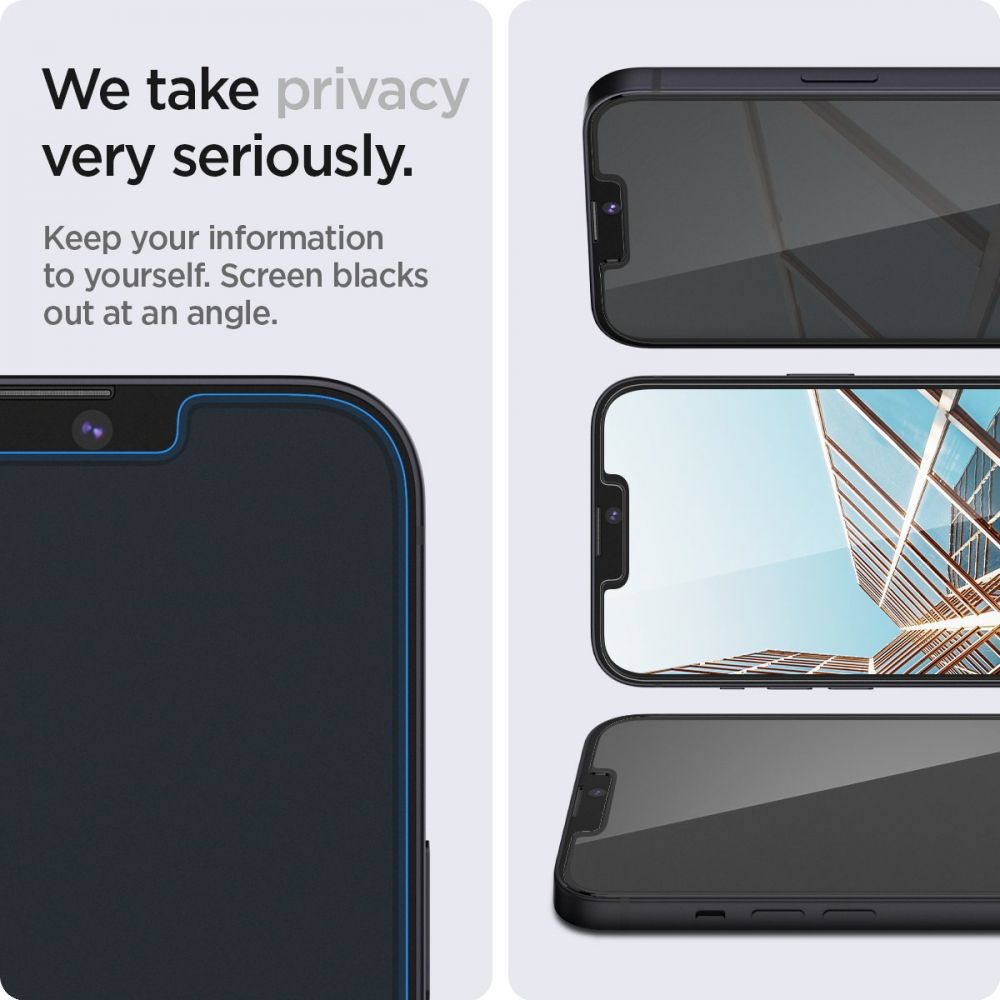 Ochranná fólie na displej Privacy Spigen GlastR EZ FIT pro Apple iPhone 17e / 16e / 14 / 13 Pro, tvrzené sklo, plné lepidlo, sada 2 kusů AGL03388