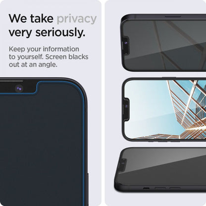 Ochranná fólie na displej Privacy Spigen GlastR EZ FIT pro Apple iPhone 17e / 16e / 14 / 13 Pro, tvrzené sklo, plné lepidlo, sada 2 kusů AGL03388