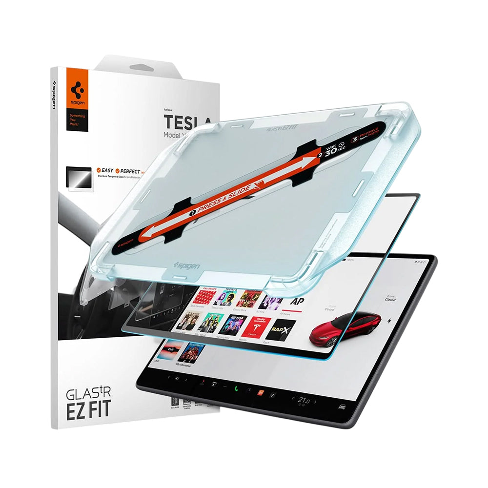 Ochranná fólie Spigen GlastR EZ FIT Anti-Glare FC pro navigaci Tesla Y (2026 / 2025) / 3 (2026 / 2025 / 2024), tvrzené sklo AGL07152