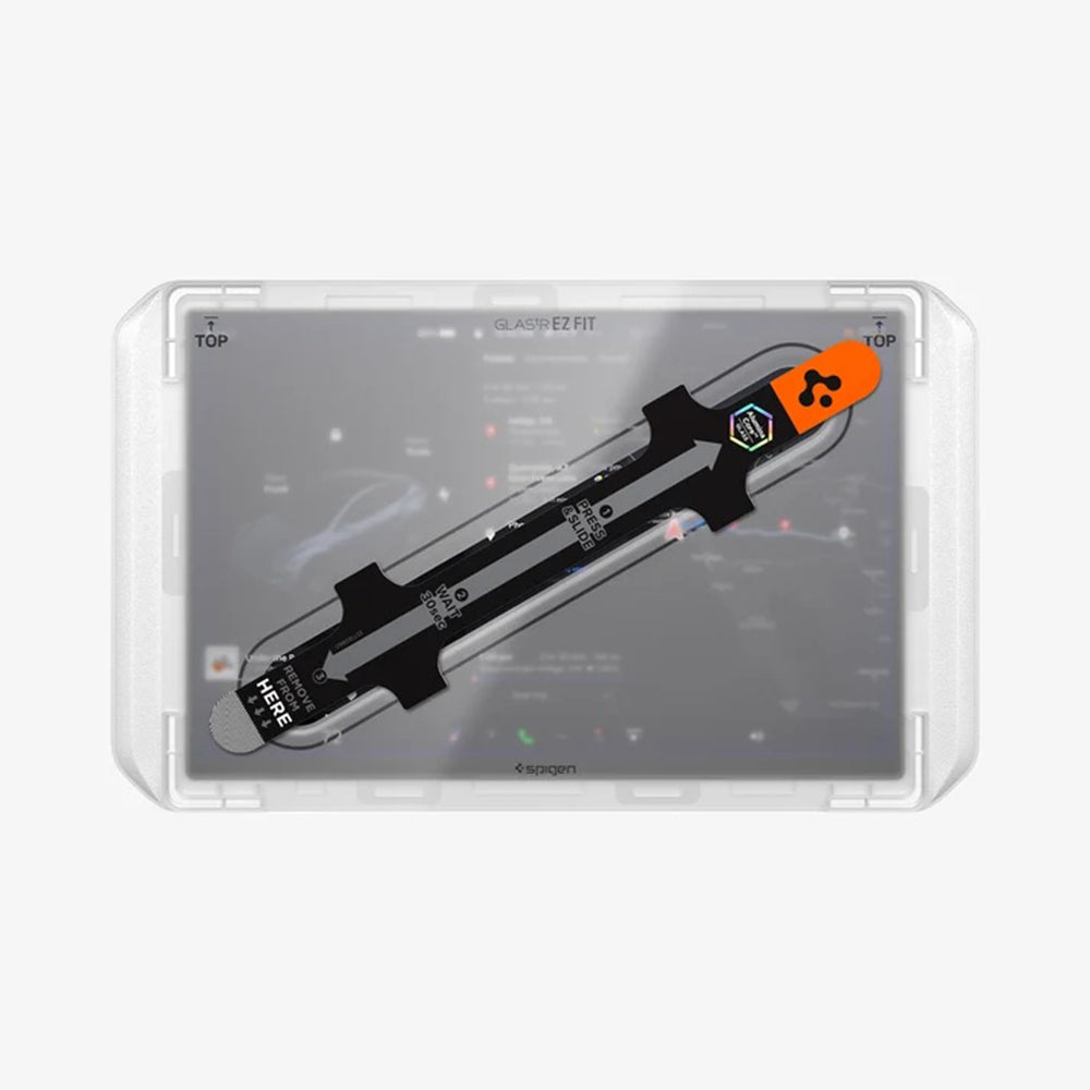 Ochranná fólie Spigen GlastR EZ FIT pro navigaci Tesla Y 2026 Premium / Performance, tvrzené sklo AGL10820