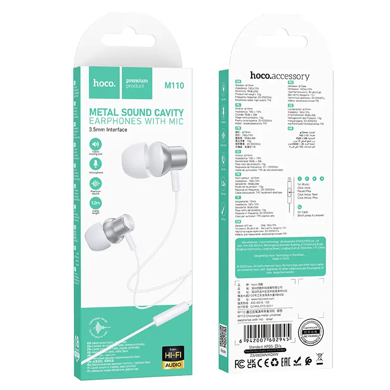 Handsfree 3.5mm HOCO M110, Stříbrný