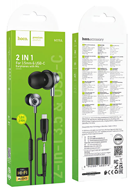 Handsfree 3,5mm / USB-C HOCO M119A, Černá