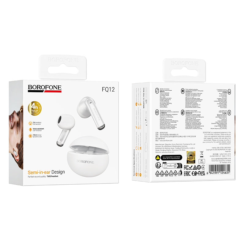 Bluetooth handsfree Borofone FQ12 Nice, TWS, bílá