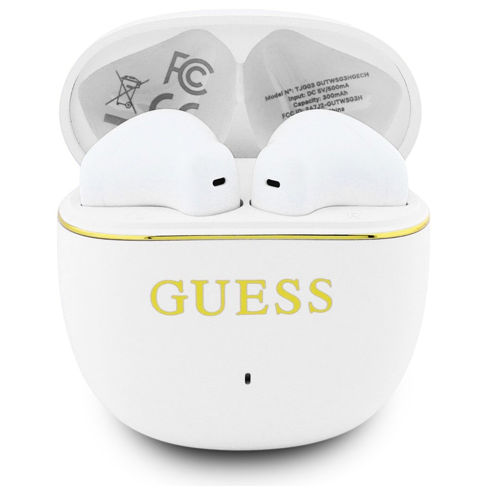 Handsfree Bluetooth Guess Glossy Gold Line Classic, TWS, Bílá