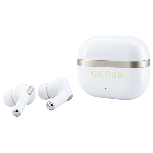 Handsfree Bluetooth Guess Glossy Gold Line Printed Classic Logo, TWS, bílá
