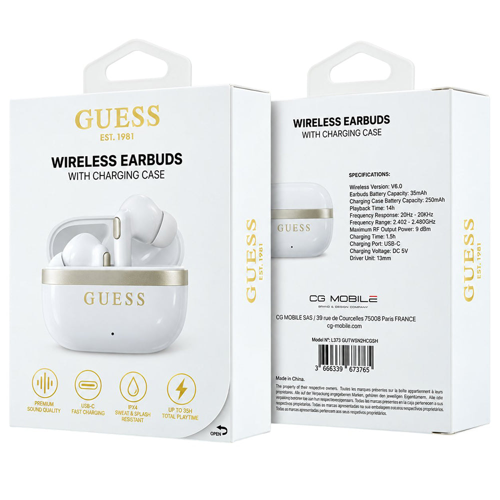 Guess Glossy Gold Line Printed Classic Logo Bluetooth Handsfree, TWS, White