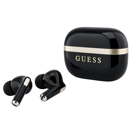 Czarny zestaw słuchawkowy Bluetooth Guess Glossy Gold Line Printed Classic Logo, TWS