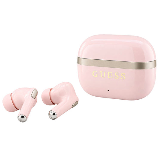 Bezdrátová sluchátka Bluetooth Guess Glossy Gold Line Printed Classic Logo, TWS, růžová