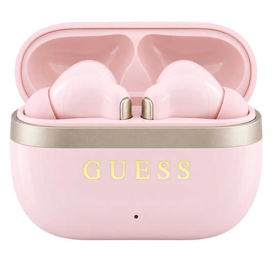Bezdrátová sluchátka Bluetooth Guess Glossy Gold Line Printed Classic Logo, TWS, růžová