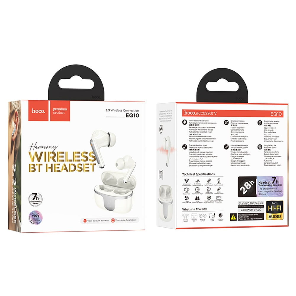 Handsfree Bluetooth HOCO EQ10, TWS, Bílá