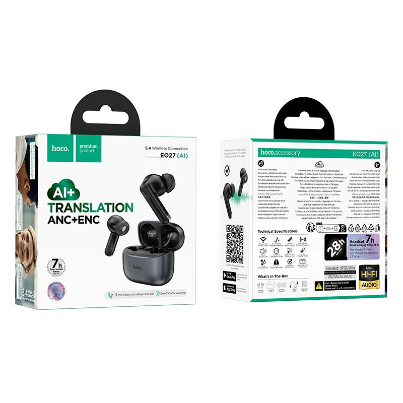 Handsfree Bluetooth HOCO EQ27 AI Překlad, TWS, ANC, Šedá
