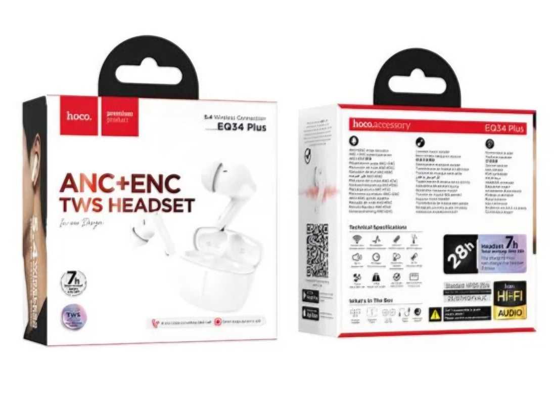 Bluetooth handsfree HOCO EQ34 Plus, TWS, ANC, bílá
