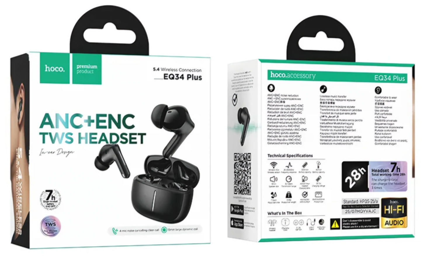 Handsfree Bluetooth HOCO EQ34 Plus, TWS, ANC, Černá