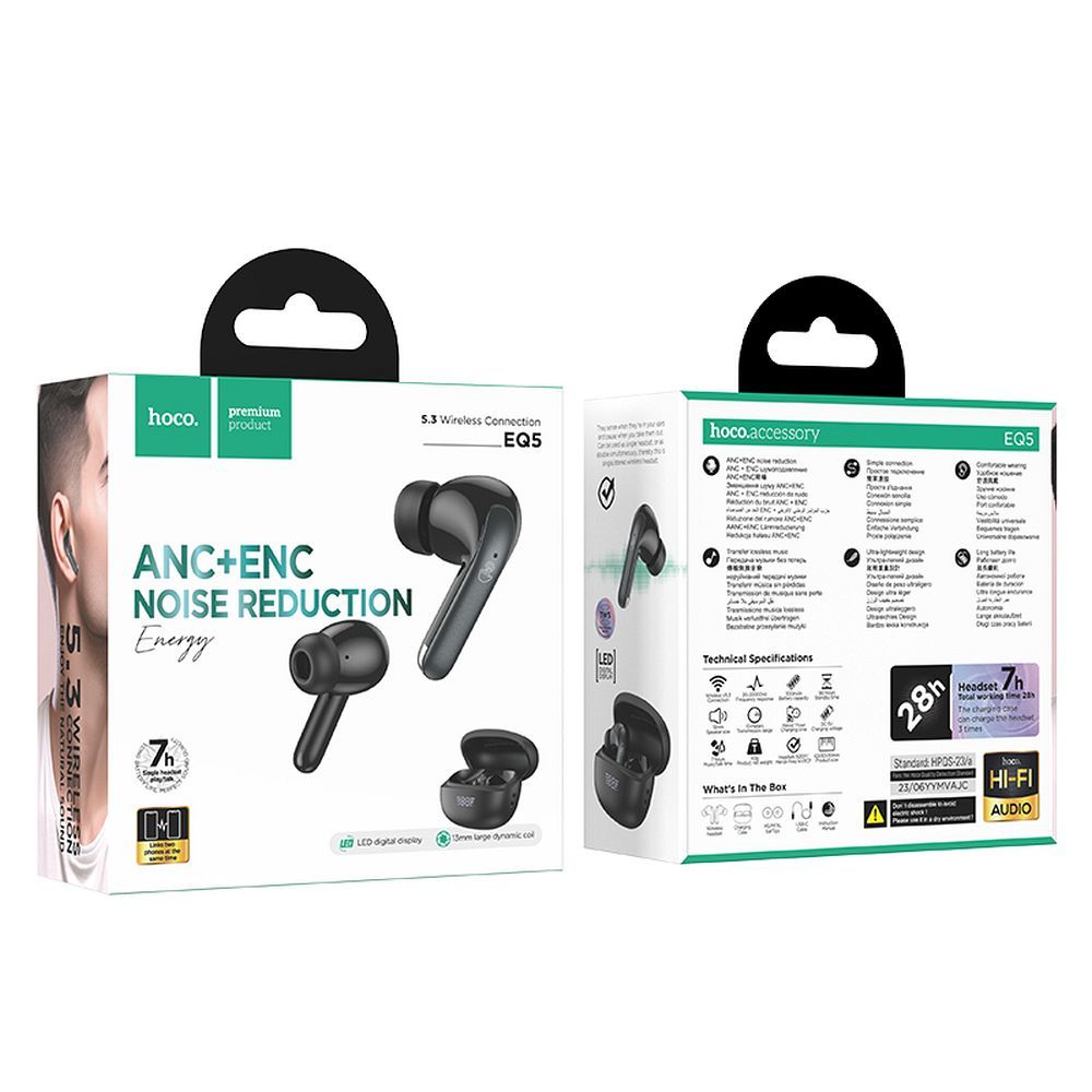 Handsfree Bluetooth HOCO EQ5, TWS, ANC, černé 