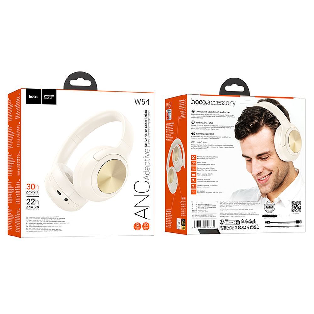 Handsfree Bluetooth HOCO W54, A2DP, ANC, Bílá