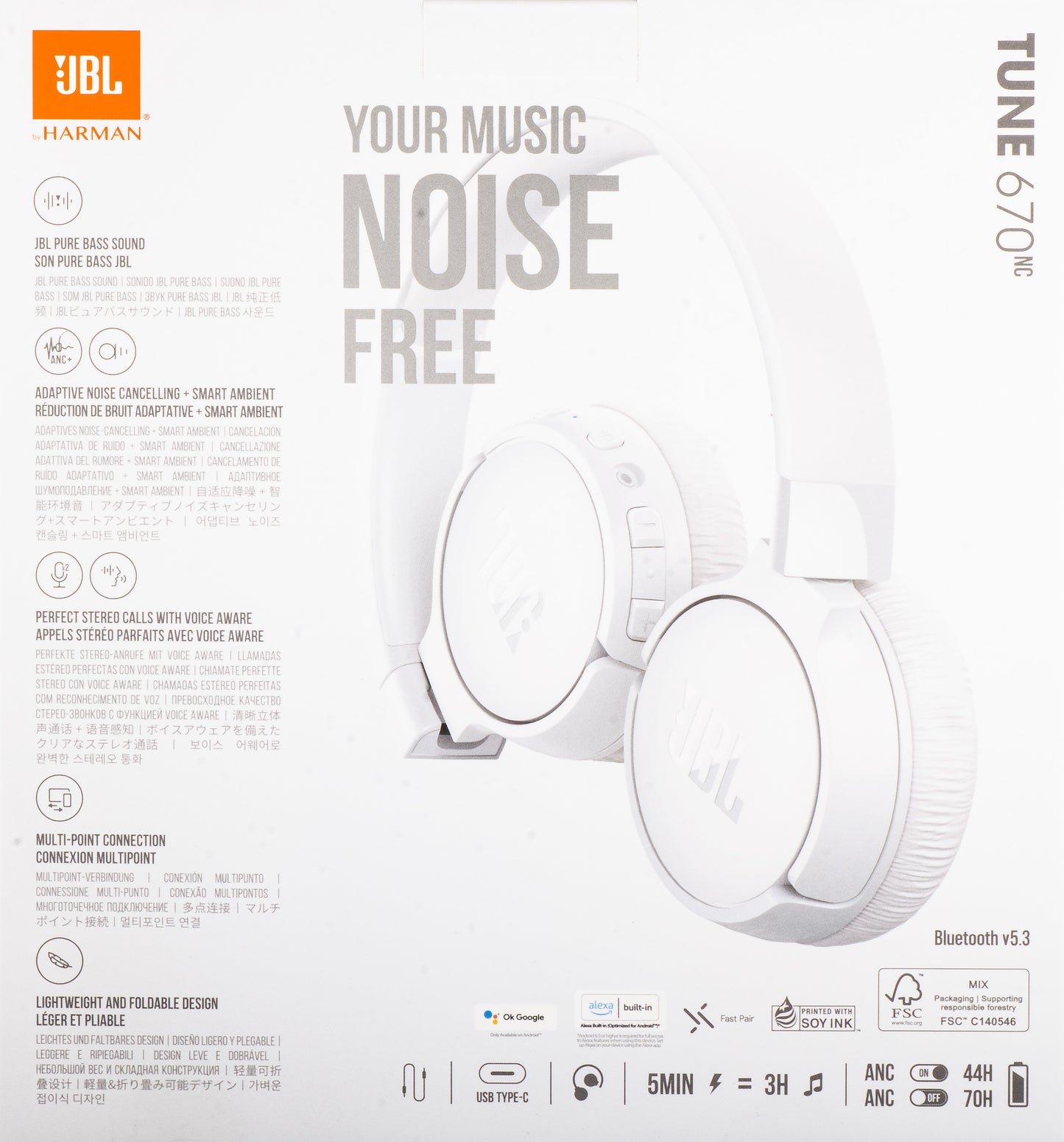 Handsfree Bluetooth JBL Tune 670NC, MultiPoint, A2DP, ANC, Bílá JBLT670NCWHTAP
