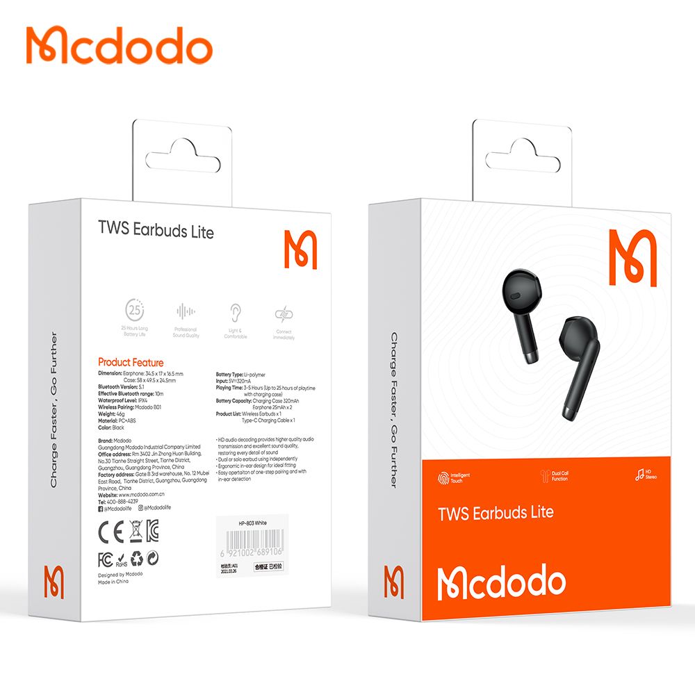 Handsfree Bluetooth McDodo HP-8031 B01, TWS, Černá