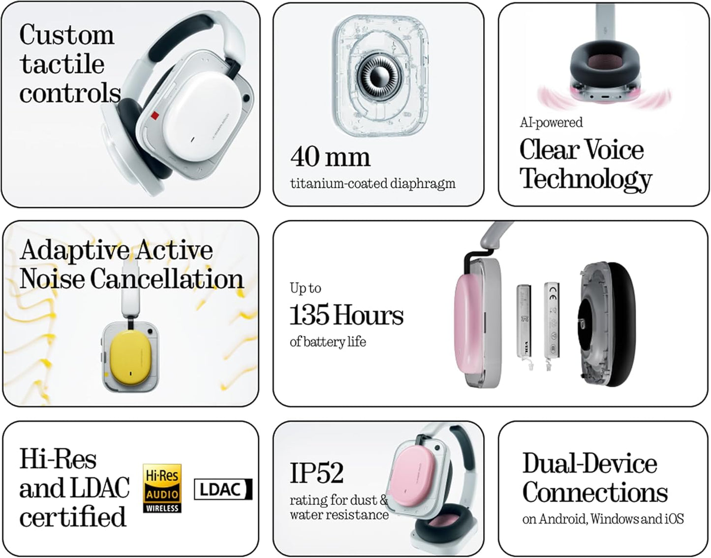 Handsfree Bluetooth Nothing Headphone (a), MultiPoint, A2DP, ANC, Černá