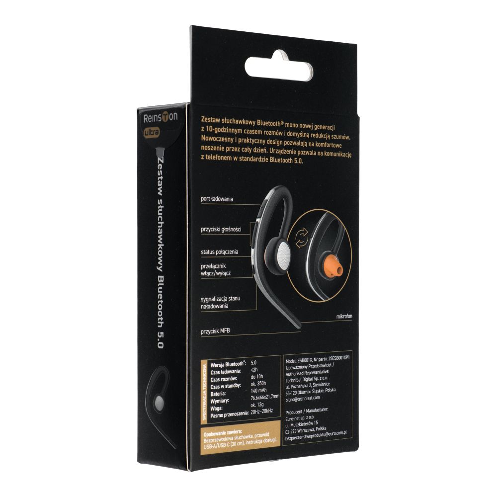 Handsfree Bluetooth Reinston ESB001X, MultiPoint, A2DP, Černá