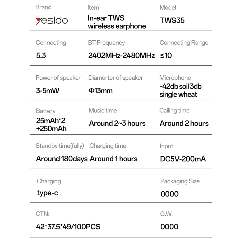 Handsfree Bluetooth Yesido TWS35, TWS, Bílý