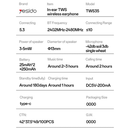 Handsfree Bluetooth Yesido TWS35, TWS, Bílý