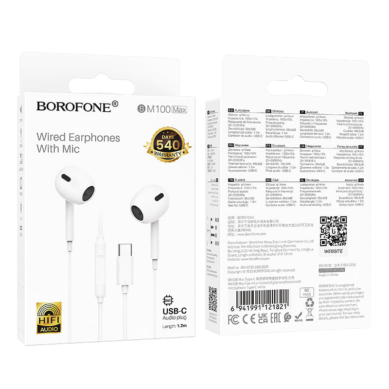 Handsfree USB-C Borofone BM100 Max Fuente, Bílá