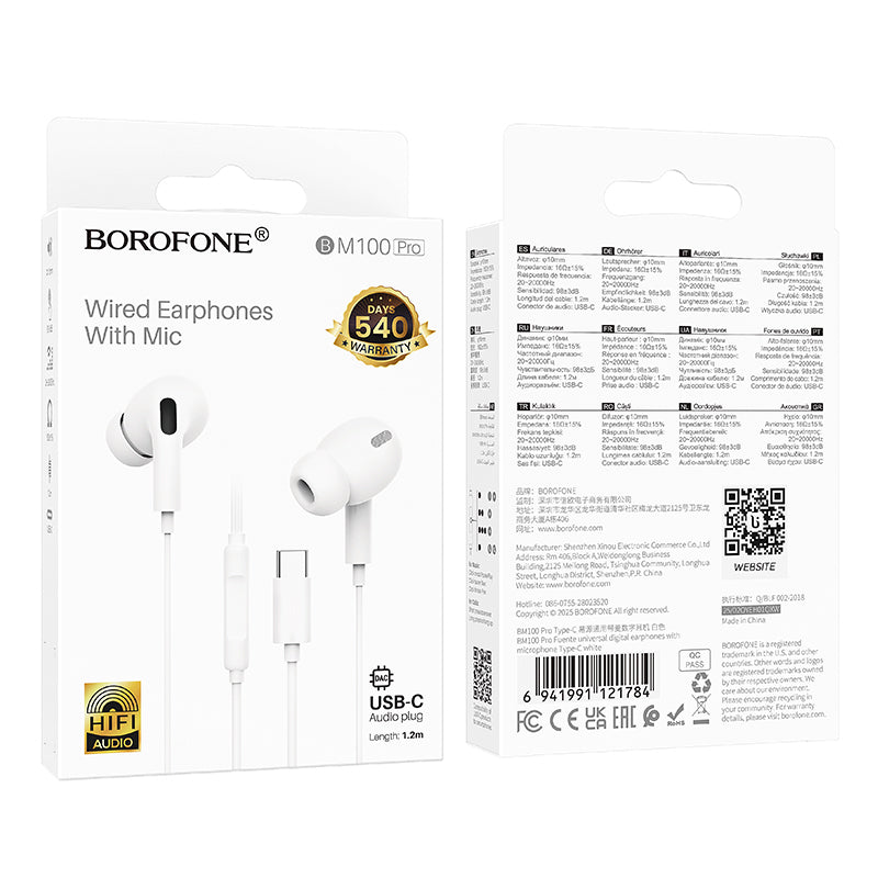 Handsfree USB-C Borofone BM100 Pro Fuente, Bílá