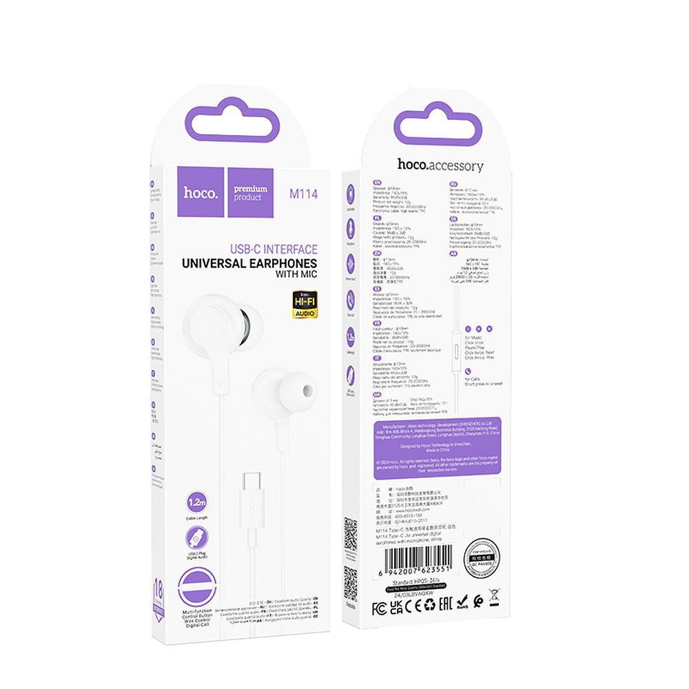 Handsfree USB-C HOCO M114, Bílá