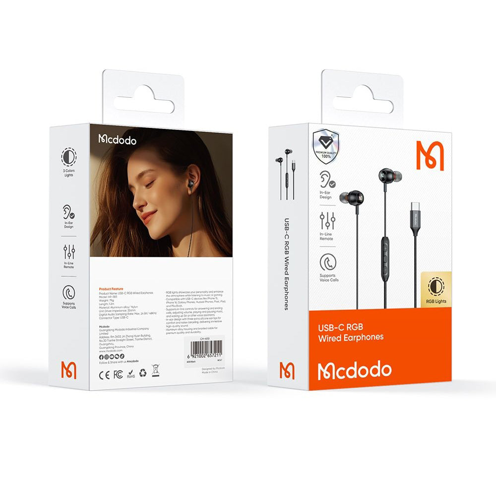 Handsfree USB-C McDodo HP-5830, 1.2m, Black