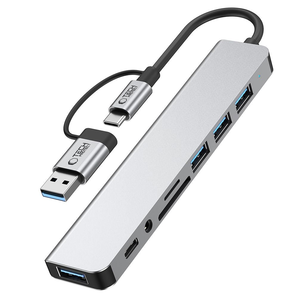 Hub USB / USB-C Tech-Protect HB06, 2 x USB-A 3.0 - 2 x USB-A - 1 x USB-C - 1 x Jack 3.5mm - 1 x SD - 1 x microSD, Šedý