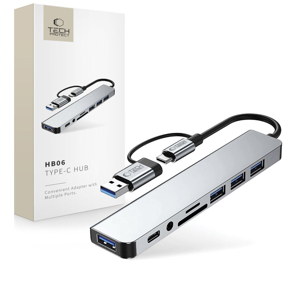 Hub USB / USB-C Tech-Protect HB06, 2 x USB-A 3.0 - 2 x USB-A - 1 x USB-C - 1 x Jack 3.5mm - 1 x SD - 1 x microSD, Šedý