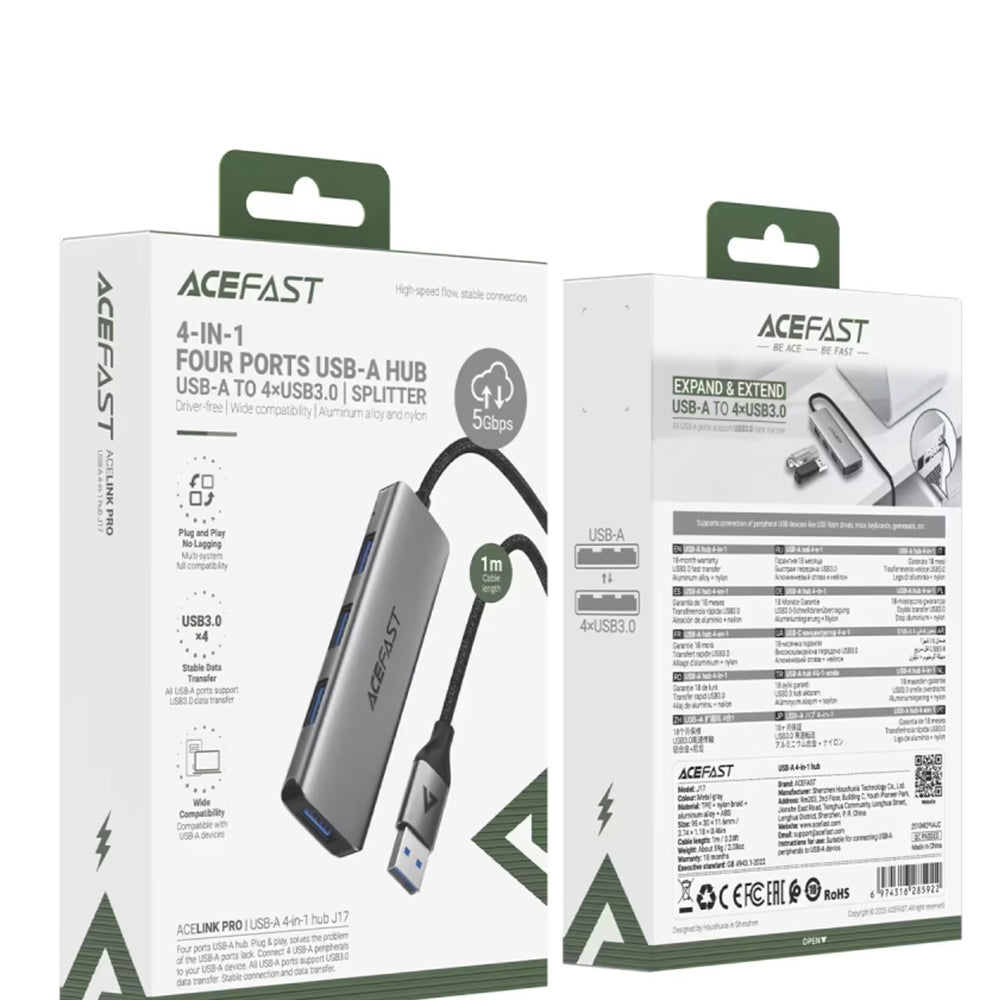 USB hub Acefast J17, 4v1, Šedý