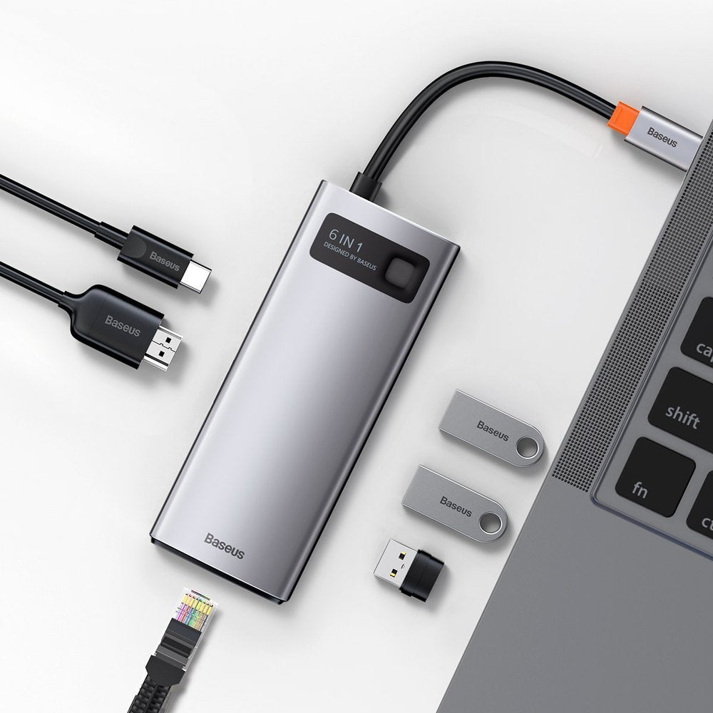 Baseus Metal Gleam USB-C Hub, 3 x USB-A 3.0 - 1 x USB-C - 1 x HDMI - 1 x RJ45, Gray CAHUB-CW0G