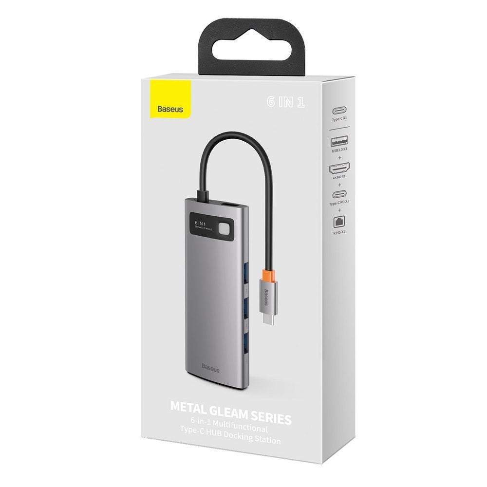 Baseus Metal Gleam USB-C Hub, 3 x USB-A 3.0 - 1 x USB-C - 1 x HDMI - 1 x RJ45, Gray CAHUB-CW0G