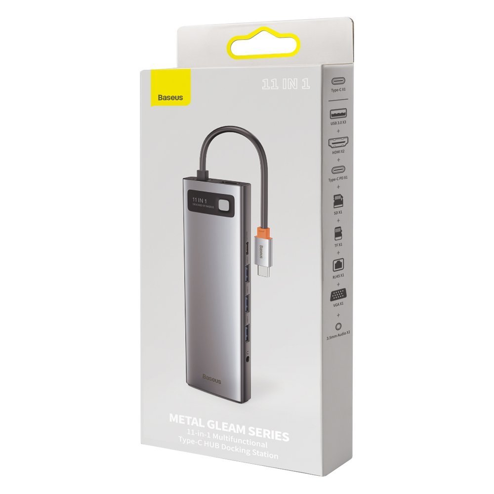 Hub USB-C Baseus Metal Gleam, 3 x USB-A 3.0 - 1 x USB-C - 2 x HDMI - 1 x VGA - 1 x Jack 3.5mm - 1 x RJ45 - 1 x SD - 1 x microSD, Šedý CAHUB-CT0G