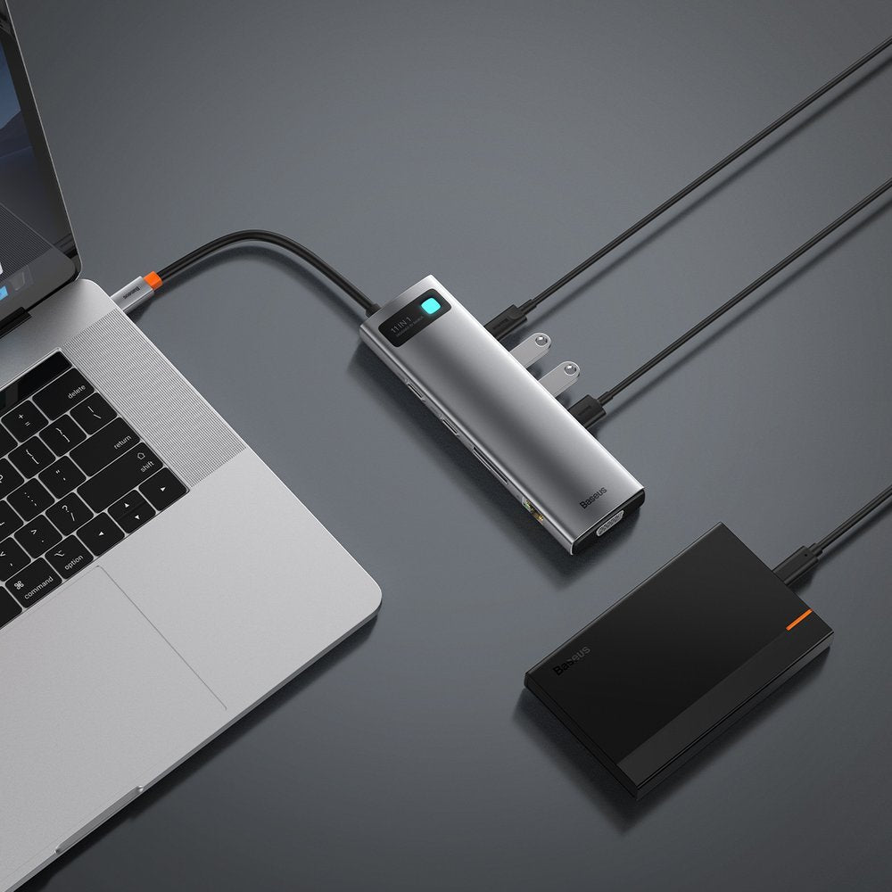 Hub USB-C Baseus Metal Gleam, 3 x USB-A 3.0 - 1 x USB-C - 2 x HDMI - 1 x VGA - 1 x Jack 3.5mm - 1 x RJ45 - 1 x SD - 1 x microSD, Šedý CAHUB-CT0G