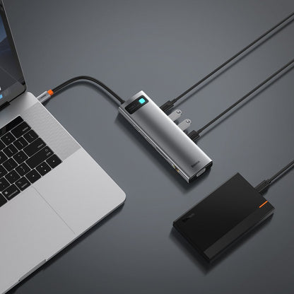 Hub USB-C Baseus Metal Gleam, 3 x USB-A 3.0 - 1 x USB-C - 2 x HDMI - 1 x VGA - 1 x Jack 3.5mm - 1 x RJ45 - 1 x SD - 1 x microSD, Šedý CAHUB-CT0G