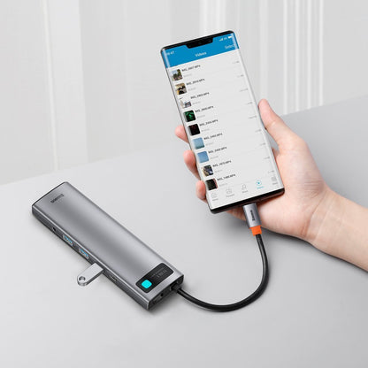 Hub USB-C Baseus Metal Gleam, 3 x USB-A 3.0 - 1 x USB-C - 2 x HDMI - 1 x VGA - 1 x Jack 3.5mm - 1 x RJ45 - 1 x SD - 1 x microSD, Šedý CAHUB-CT0G