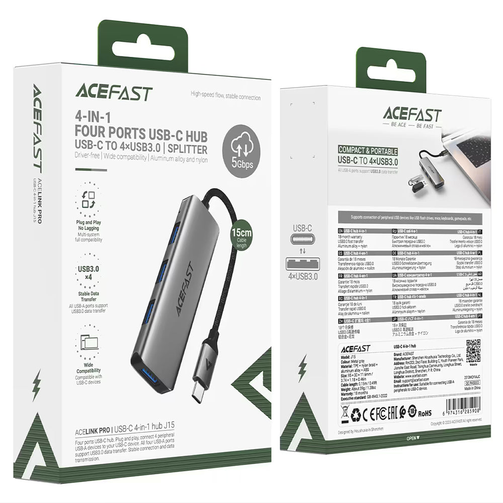Hub USB-C Acefast J15, 4v1, Šedý