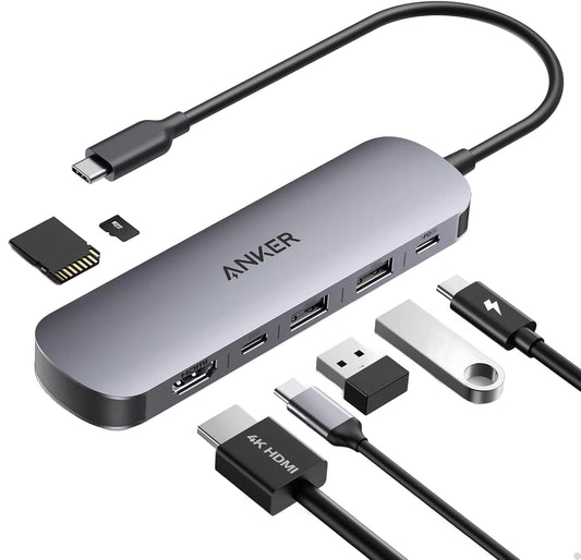 Hub USB-C Anker, 2 x USB-A 3.0 - 2 x USB-C - 1 x HDMI - 1 x SD - 1 x microSD, Šedý A83D2HA1
