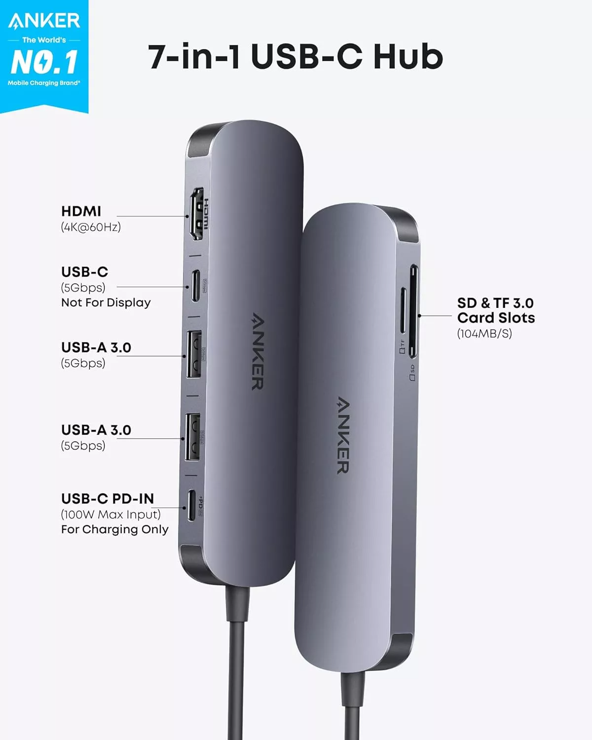 Hub USB-C Anker, 2 x USB-A 3.0 - 2 x USB-C - 1 x HDMI - 1 x SD - 1 x microSD, Šedý A83D2HA1
