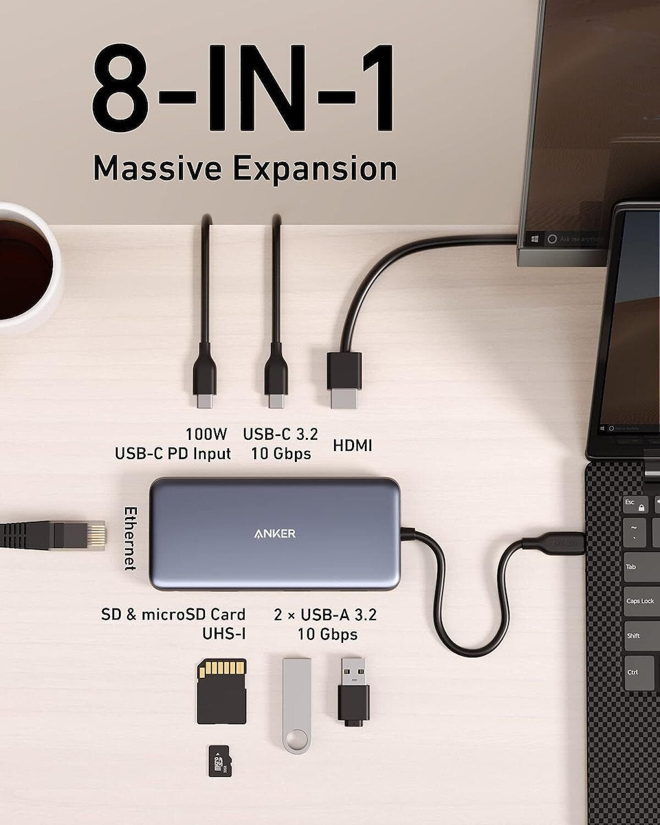 Hub USB-C Anker 555, 2 x USB-A 3.2 - 2 x USB-C - 1 x HDMI - 1 x RJ45 - 1 x SD - 1 x microSD, Šedý A83830A2