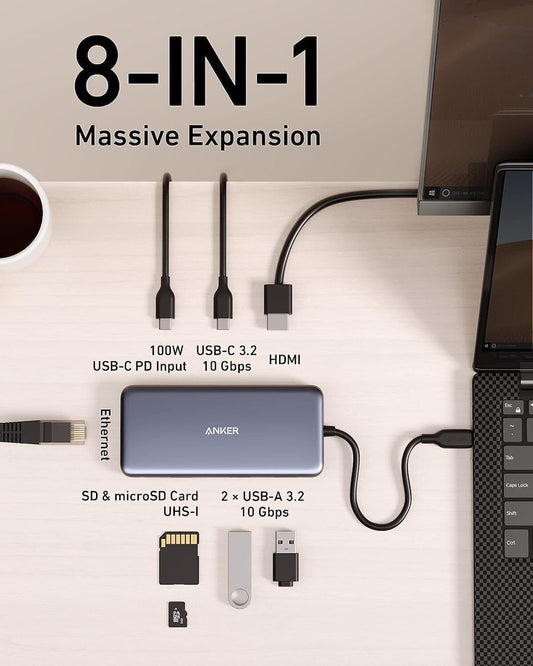 Hub USB-C Anker 555, 2 x USB-A 3.2 - 2 x USB-C - 1 x HDMI - 1 x RJ45 - 1 x SD - 1 x microSD, Šedý A83830A2