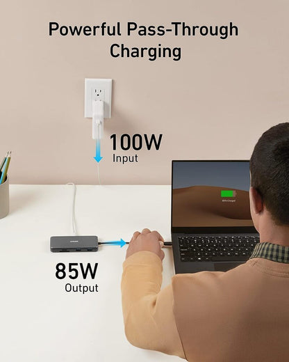 Hub USB-C Anker 555, 2 x USB-A 3.2 - 2 x USB-C - 1 x HDMI - 1 x RJ45 - 1 x SD - 1 x microSD, Šedý A83830A2