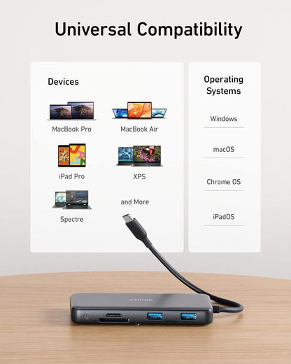 Hub USB-C Anker 555, 2 x USB-A 3.2 - 2 x USB-C - 1 x HDMI - 1 x RJ45 - 1 x SD - 1 x microSD, Šedý A83830A2