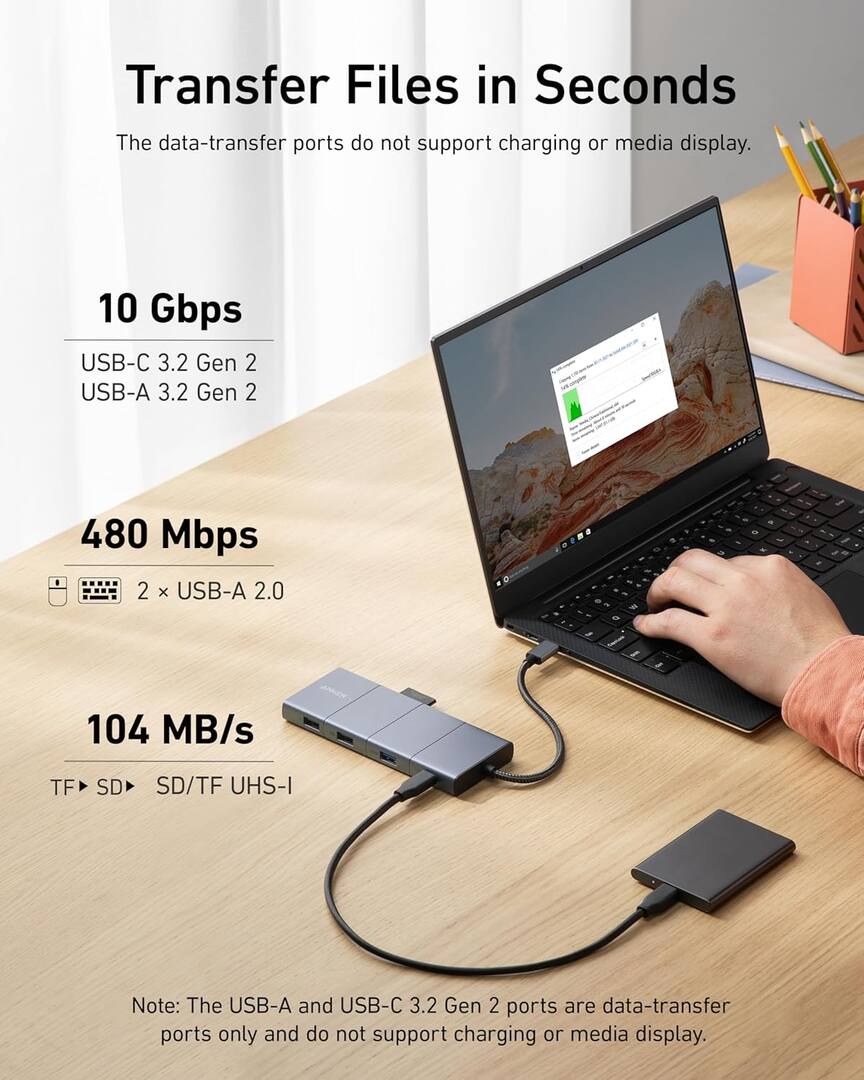 USB-C hub Anker PowerExpand, 1 x USB-A 3.2 - 2 x USB-A - 2 x USB-C - 1 x Display Port - 1 x HDMI - 1 x Jack 3,5 mm - 1 x RJ45 - 1 x SD - 1 x microSD, Šedý