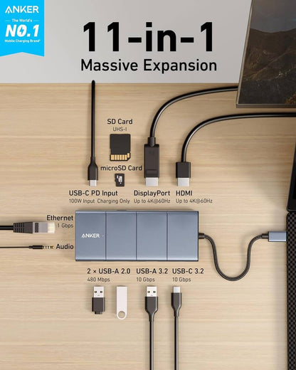 USB-C hub Anker PowerExpand, 1 x USB-A 3.2 - 2 x USB-A - 2 x USB-C - 1 x Display Port - 1 x HDMI - 1 x Jack 3,5 mm - 1 x RJ45 - 1 x SD - 1 x microSD, Šedý